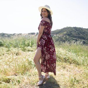 Burgundy Off Shoulder High Low Dress